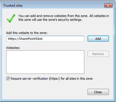 Granting Full Trust to Client Figure 30. Add URL 4. Close the Trusted sites dialog. 5. Click the Custom level button.