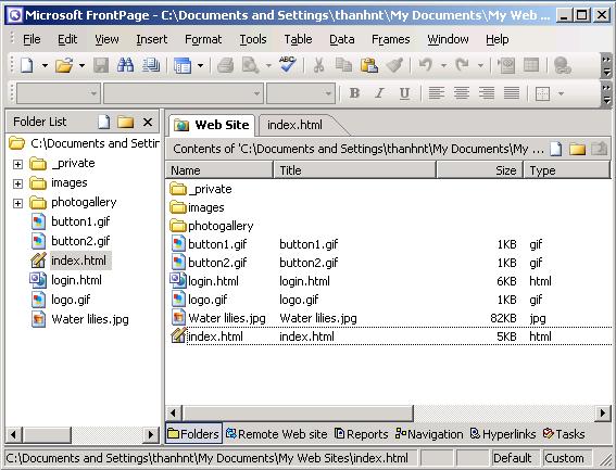 Hình VIII.24. Khung nhìn Folders Như đã biết, Giao diện người dùng của FrontPage thay đổi phụ thuộc vào những gì mà ta đang sử dụng nó để làm việc.