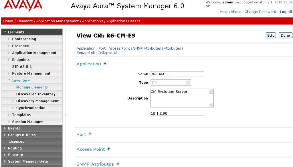 4.10.2. Create an Application Element on System Manager Return to System Manager and select Elements Inventory Manage Elements on the left. Click on New (not shown).