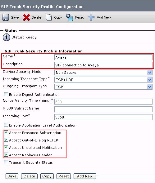 The following is a screen capture of the SIP Trunk Security Profile Configuration used in the sample network.