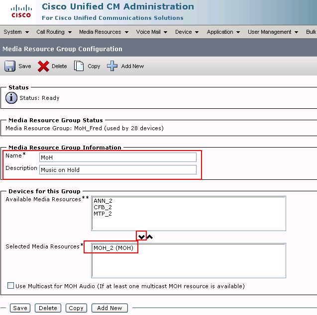 5.6. Configure Music on Hold Several steps are required to configure music on hold for calls from Avaya users. Select Media Resources Media Resource Group from the top menu, and click Add New.