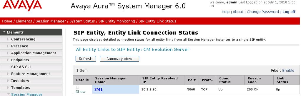Verify that the SIP Entity Links for Communication Manager and Cisco UCM are up, indicating that they are all reachable