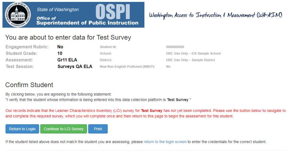 Once you complete the LCI survey, you will be returned to the Confirm Student page.