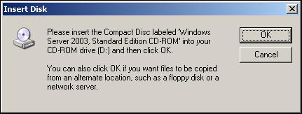 A message indicates that the Windows CD/DVD or network access to