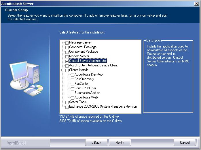 AccuRoute v2.3 and Genifax 3.6 installation and integration guide Section 8: Installing Remote Administrator 8-5 6 Select CUSTOM and click NEXT. The setup shows a list of AccuRoute features.