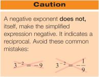 EXAMPLE 2 Express using positive exponents and simplify, if possible: a. 3 2, b. y 1, c. ( 2) 3, d. 5 2 10 2 Strategy Since each exponent is a negative number, we will use the negative exponent rule.