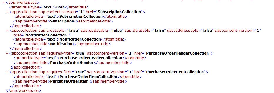 The Service document can be accessed through the URL http://<host>:<port>/sap/opu/odata/sap/z_purchase_order_srv/?$format=xml 4.