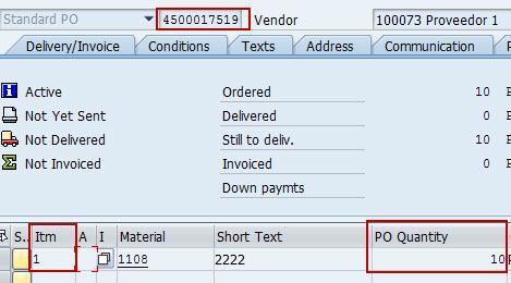 6. This displays the Purchase Order. 7. Choose the Status tab in the screen. 8. The updated Purchase Order Quantity can be found here. 4.8 Delete operation 4.8.1 Purchase Order Item Delete 1.