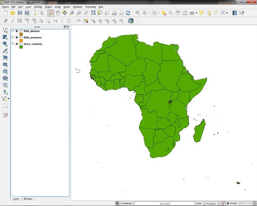 Step 2: Work with the main components of the interface The QGIS interface provides two main windows, the layers window and the map window (see below).