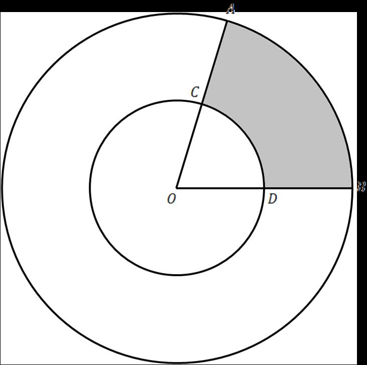 9. The diagram shows two concentric circles with a common centre. The radius of the larger circle is 7cm and the radius of the smaller circle is 4cm.