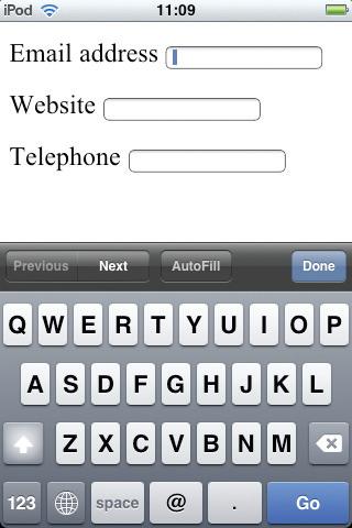 The HTML 5 Way The Mobile Safari changes on-screen keyboard according to different contact input types: