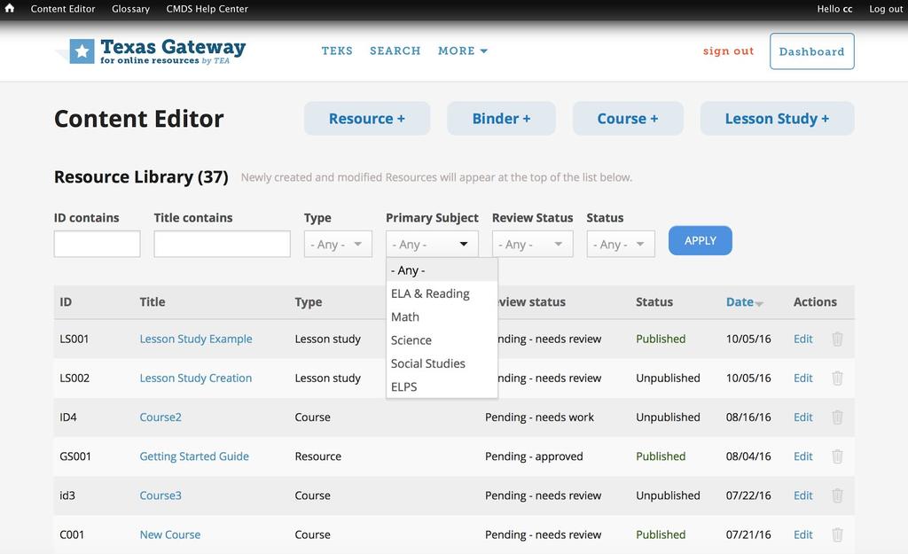Creating Gateway Content Introduction Content providers within the Texas Gateway CMDS have access to the Content Editor, which is the interface they use to create, edit, and manage their content.