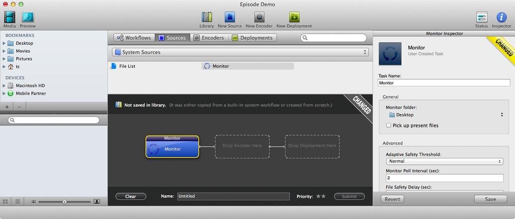 DEPLOYMENT STEPS Step 1: After installing Episode, you should create a new workflow. You will see the following screen. Step 2: Episode allows you to setup a watch folder or monitor source.