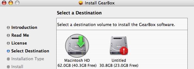 Select Destination Your computer will ask you to pick a destination volume where it will install GearBox, as shown