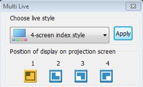 Multi live mode (cont.) 4-screen index style Screen images from up to four computers are displayed simultaneously from a single device via index screens and a large screen.