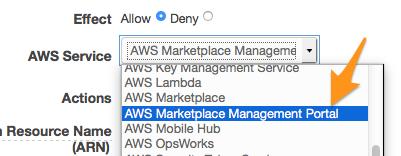 12. The Allow Effect should be selected by default. Under AWS Service, use the drop-down menu to select AWS Marketplace Management Portal. 13. Under Actions, select viewreports.