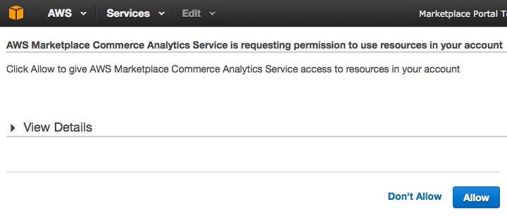 4. In the resulting permissions page, click the Allow button. 5. If enrollment is successful, you will be redirected back to the AWS Marketplace Management Portal and will see a success message. 6.