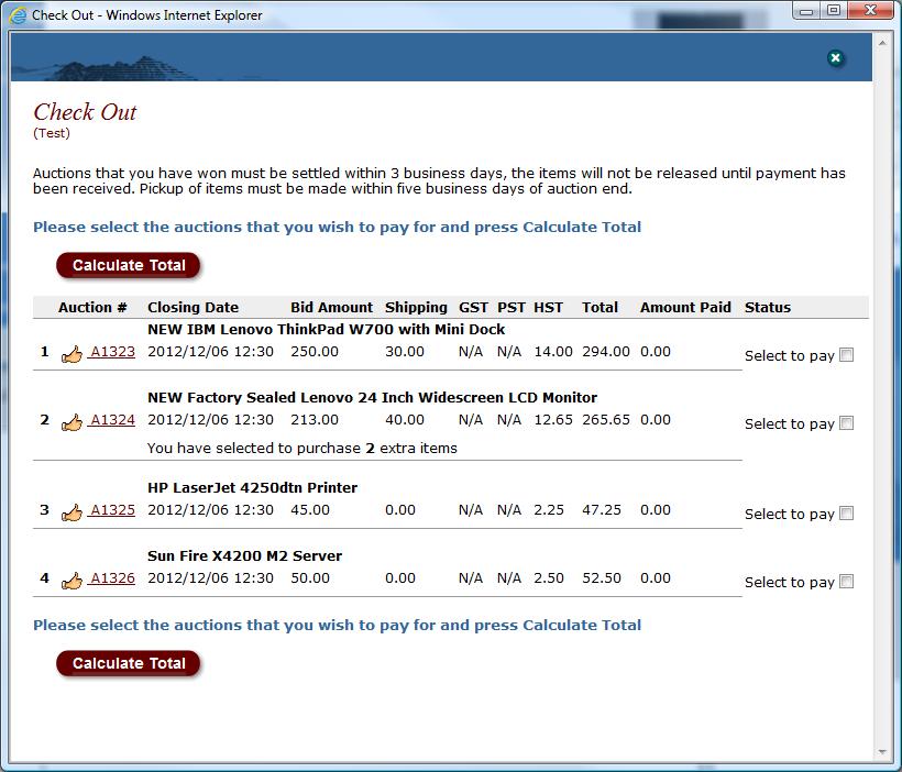 4.4.1 - Calculating Totals Click on the Select to Pay box on one or all auctions to be paid in this
