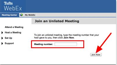How Do I Attend a WebEx Session Using the WebEx Portal? Open a browser window, and go to http://tufts.webex.com Enter your Meeting Number 1. Enter your meeting number with spaces (e.g. 123 456 789).