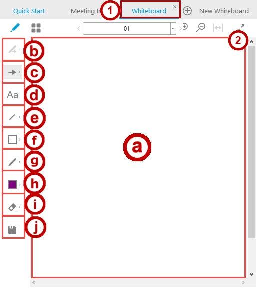 a. Whiteboard Content users can interact with and view content here (See Figure 36). b. Allow Annotation allow participants to interact with whiteboard (See Figure 36). c. Pointer - Use the pointer to draw attention to specific points on the screen.