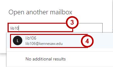 Figure 1 - Accessing My accounts 2. My accounts will appear. Click Open another mailbox. Figure 2 - Open another mailbox 3. Begin to type the email address of the resource account.