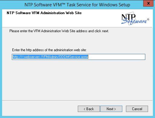 10. In the VFM Web Administration Site dialog box, enter the http address of the NTP Software VFM admin web site based on the