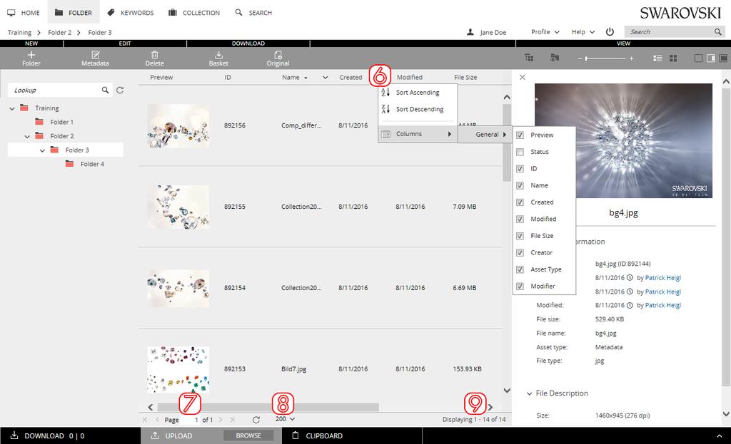 6 You can rearrange the displayed objects in the asset list by clicking the various captions of each column. One click sorts the assets chronologically by the chosen parameter (i.e. Name, ID ), while the next click will sort them in reverse order.