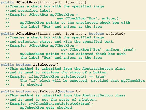 Constructors and Methods of class JCheckBox (continued) Java
