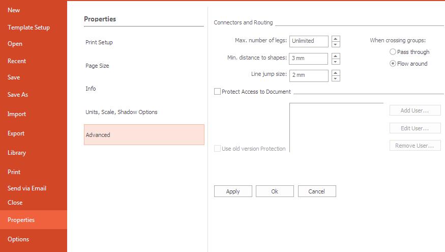Modal Dialogs Properties 34 Advanced tab The Connectors and Routing section contains settings that describe the behavior of smart connectors. Max.