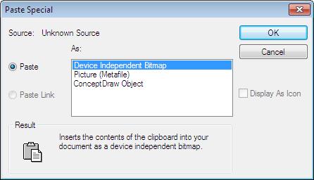 Modal Dialogs Paste Special 48 Paste Special This dialog is used to insert various objects from the Clipboard into a ConceptDraw document. This dialog can be called from the Home/ Paste Special menu.
