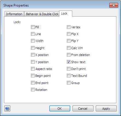 Modal Dialogs Shape Properties 59 Lock tab The Lock section allows to protect some properties of the shape from changing. Fill - lock the fill options changing. Line - lock line changing.