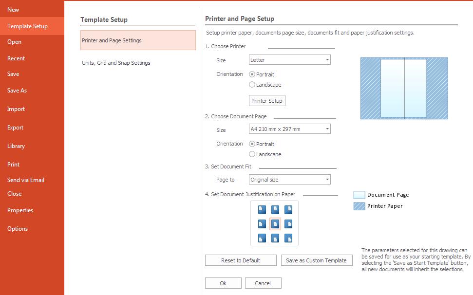 Modal Dialogs Template Setup 62 Template Setup Here you can set the print settings for the document,