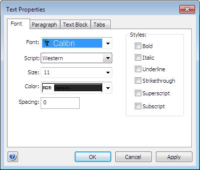 Modal Dialogs Text Properties 63 Text Properties You can use the Text Properties dialog to set or modify various attributes of the shape's text.