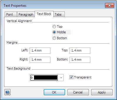 Modal Dialogs Text Properties 65 TextBlock tab The Vertical alignment section determines how the text block is positioned relative to the shape's text box: Top - moves the text to the top of the text