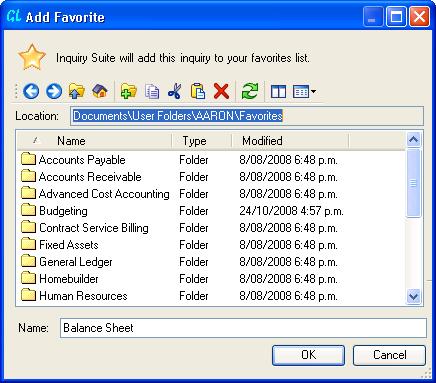 Selecting Add to Favorites displays the dialog shown in Figure 5-5: Figure 5-5: Add Favorite Dialog The Favorites area comes with a sub-folder for each module already