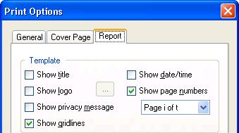 Report Tab: Template The Template section of this dialog shown in Figure 7-24 provides a method of adding Header and Footer information to each page of the PDF output.
