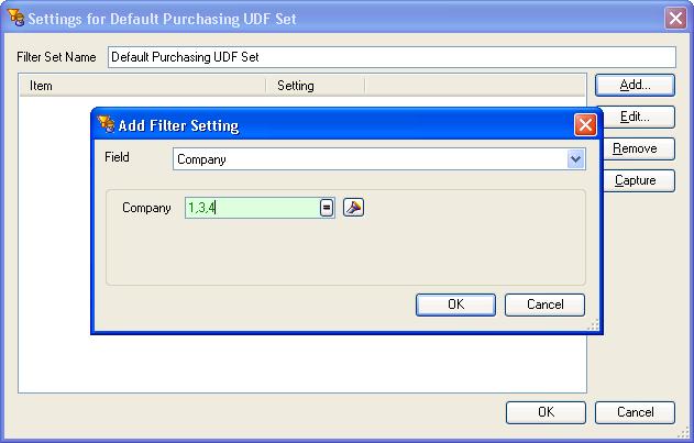 After naming your User Defined Filter Set, click on Add to display the dialog shown in Figure 11-4. In this example, we are setting a Company filter which includes companies 1, 3 and 4.