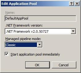 Change the Managed pipeline mode from Integrated to Classic. 49. Click OK in the Edit Application Pool dialog box. 50.