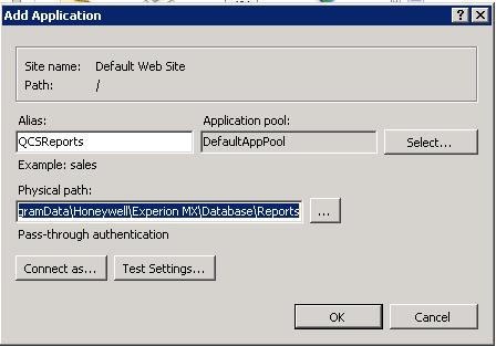 Additional QCS Setups Configuration of IIS The Add Application dialog box appears. 59.