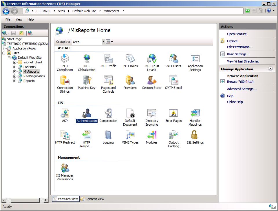 Additional QCS Setups Anonymous Authentication for IIS 3. Select Features View option, from the bottom of the window. 4. From Connections, on the left pane, select Sites. 5.