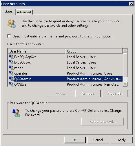 System and Users Setup Information 3. Go to Users tab, select the user account (Example: QCSAdmin) to which you want to setup Windows Auto Logon. 4.