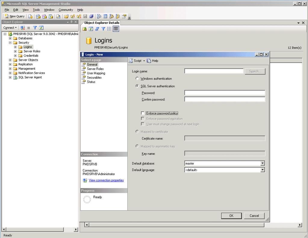 Configuring QCS Systems Configure the PMD Server for localization in Integrated QCS / PMD System The Login New properties dialog box appears. 5. Select SQL Server authentication option. 6.