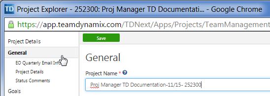 Clicking on the General tab retrieves the project information and allows for the updating of project data.