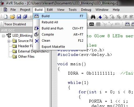 Step 7: Write Down program to glow eight LEDs serially in Embedded C Language Note: This is sample program User