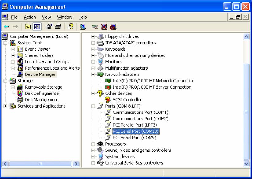 3. Verify the installed drivers by opening the Device Manager as shown in the figure. Figure 9.2 Windows Device Manager 4. The serial properties can be viewed by right clicking the desired port.