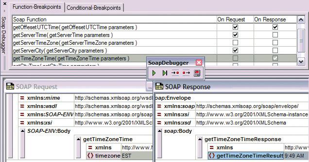 transactions, inspect every request and response XML document, set breakpoints on SOAP functions (either on the request or on the response), and even define conditional