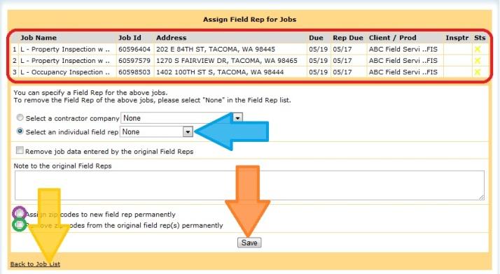 This will open the page shown below. 4 The jobs are now listed in a small list at the top of the page. Use the drop down to select a field rep to cover these jobs.
