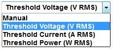To configure the spike threshold, click on Voltage Spike Threshold. Select the value to use from the dropdown. Options include 50, 250, 500 and 1000 volts.