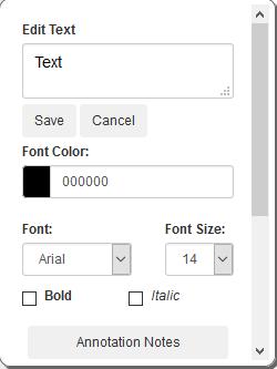 To adjust the text color in a text annotation, select a text color. In the Custom: field, you can enter a customized color code. In the Font field, select the font that you would like for the text.