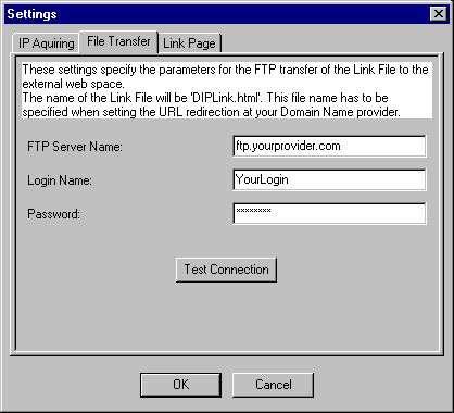 Configure FTP settings: in order for DIPLink to be able to transfer the link file to your personal ISP webspace, you have to configure the FTP settings.